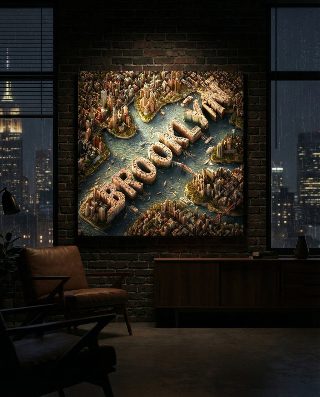 Brooklyn Aerial Map - Gallery Wrapped Canvas Wall Art (Ready to Hang) - 32 x 32